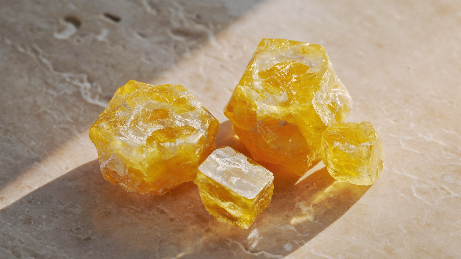 Pierres de Citrine brutes et polies sur une surface minérale beige