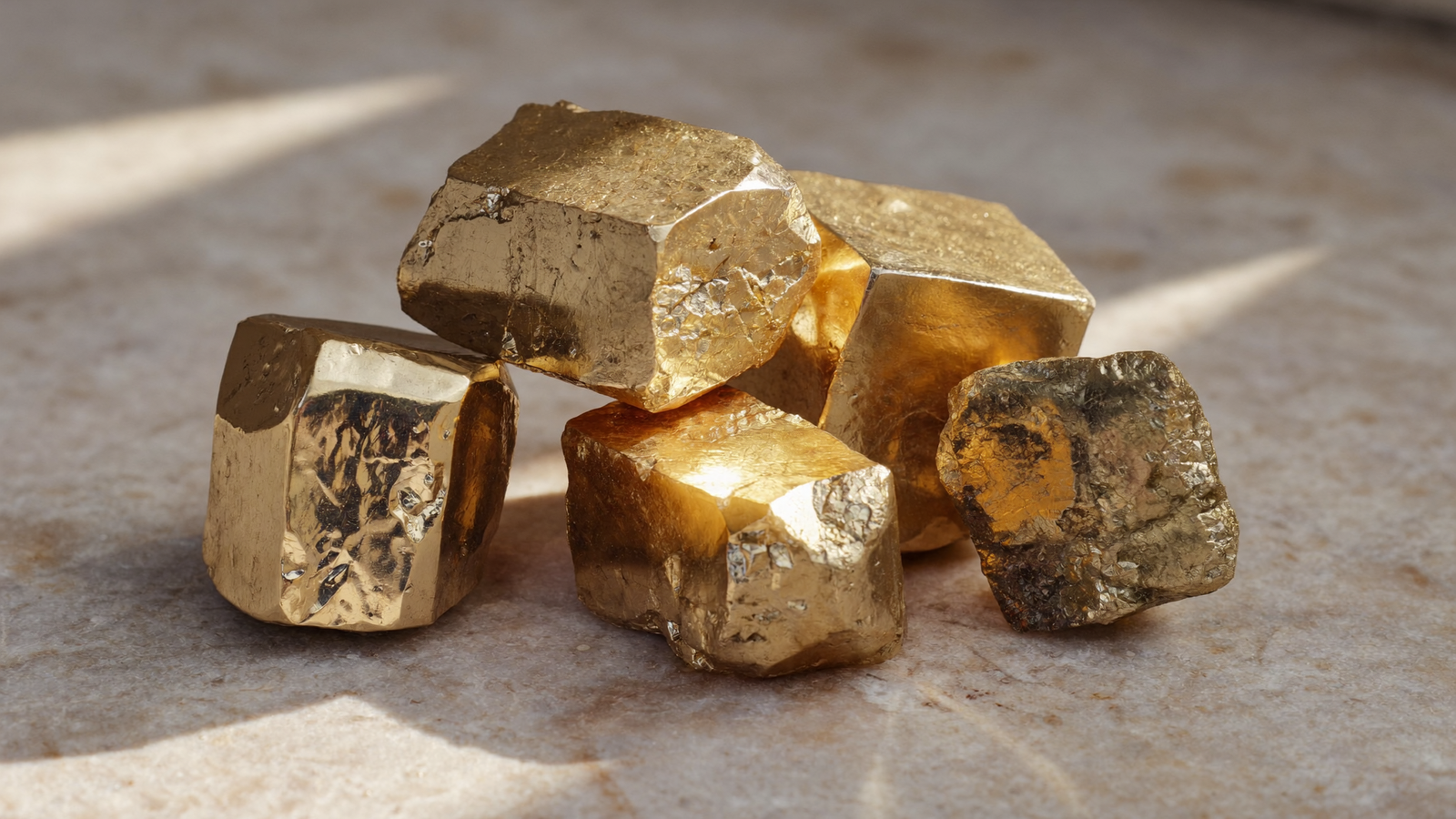 Cubes de Pyrite brute sur une surface minérale beige