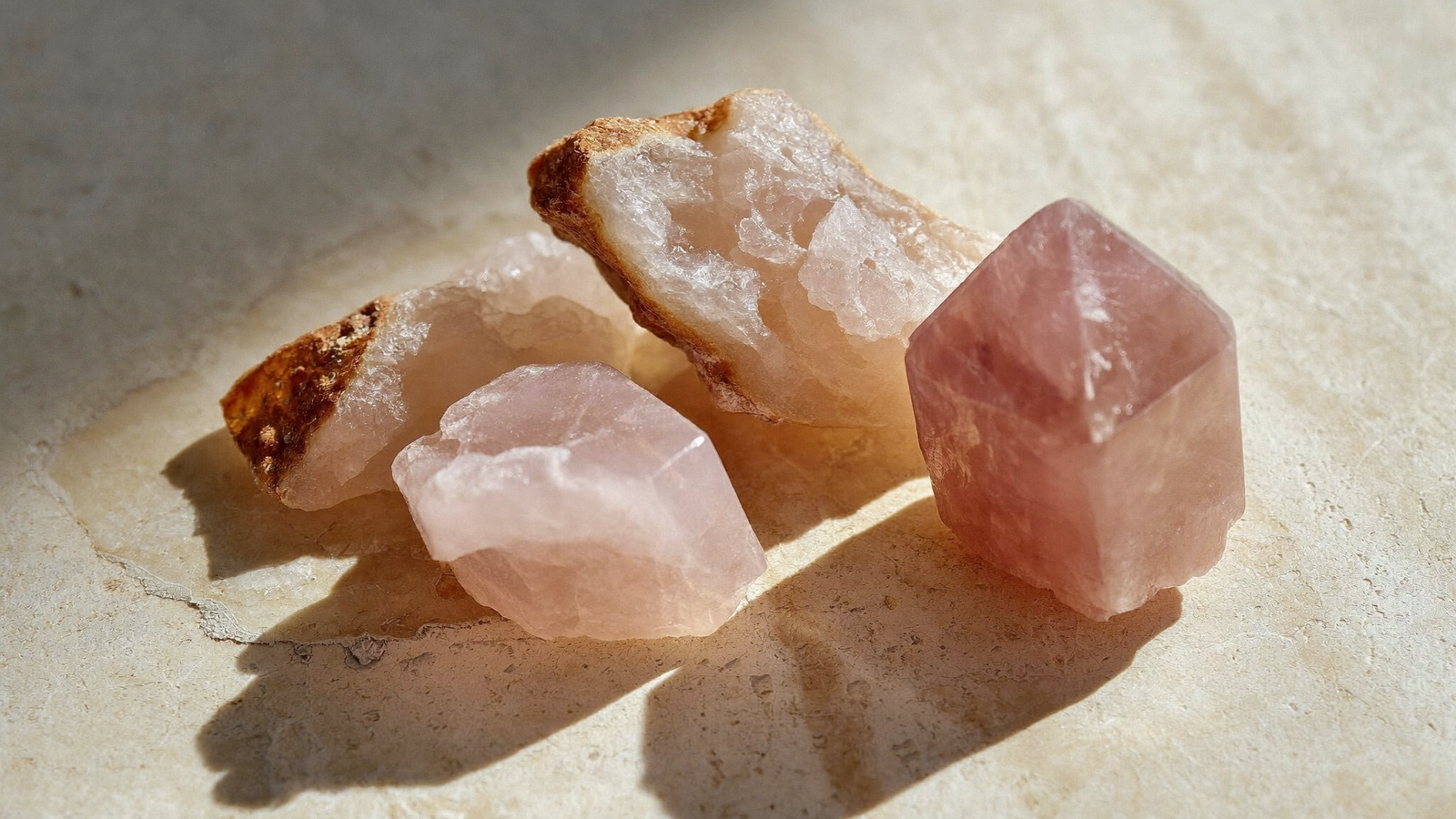 Pierres de Quartz Rose brutes et polies sur une surface minérale beige