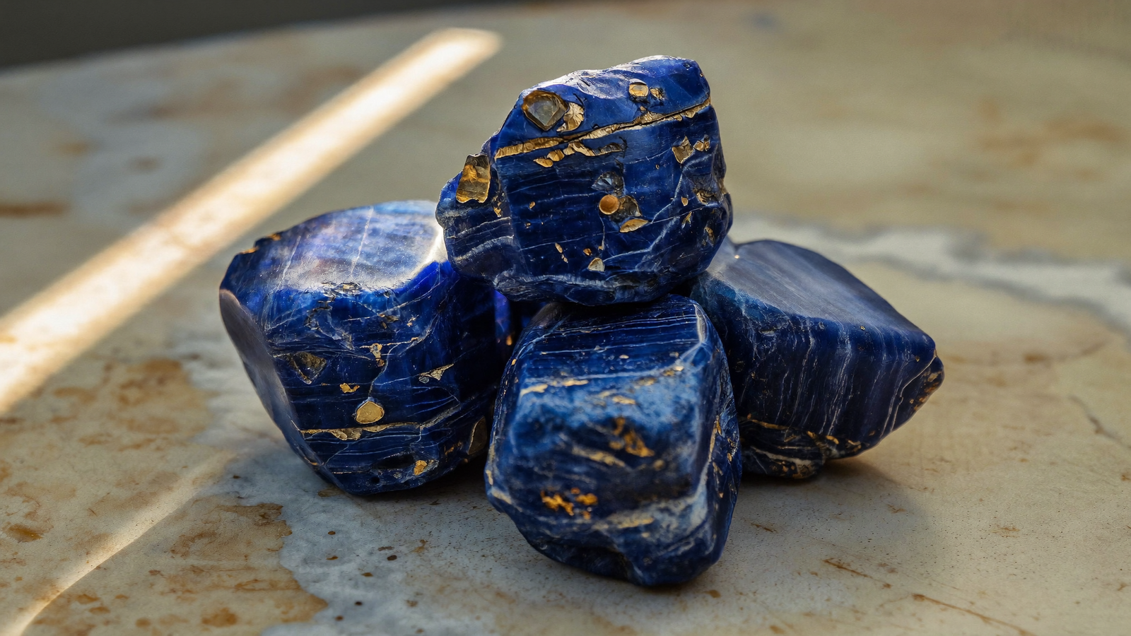 Pierres de Lapis Lazuli brutes et polies sur une surface minérale beige