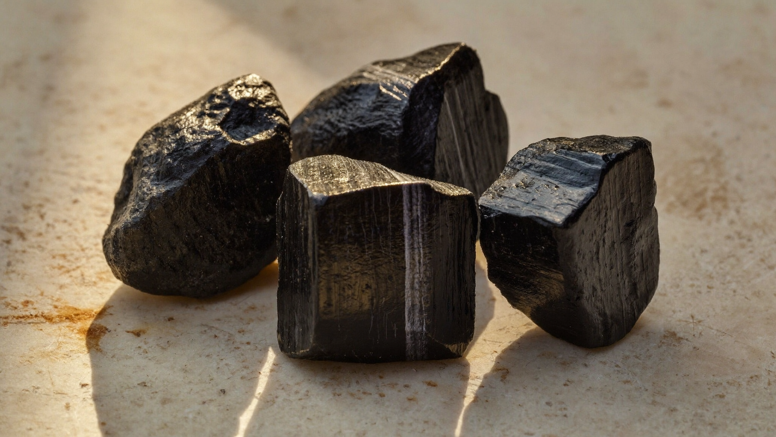 Pierres de Tourmaline Noire brutes et polies sur une surface minérale beige