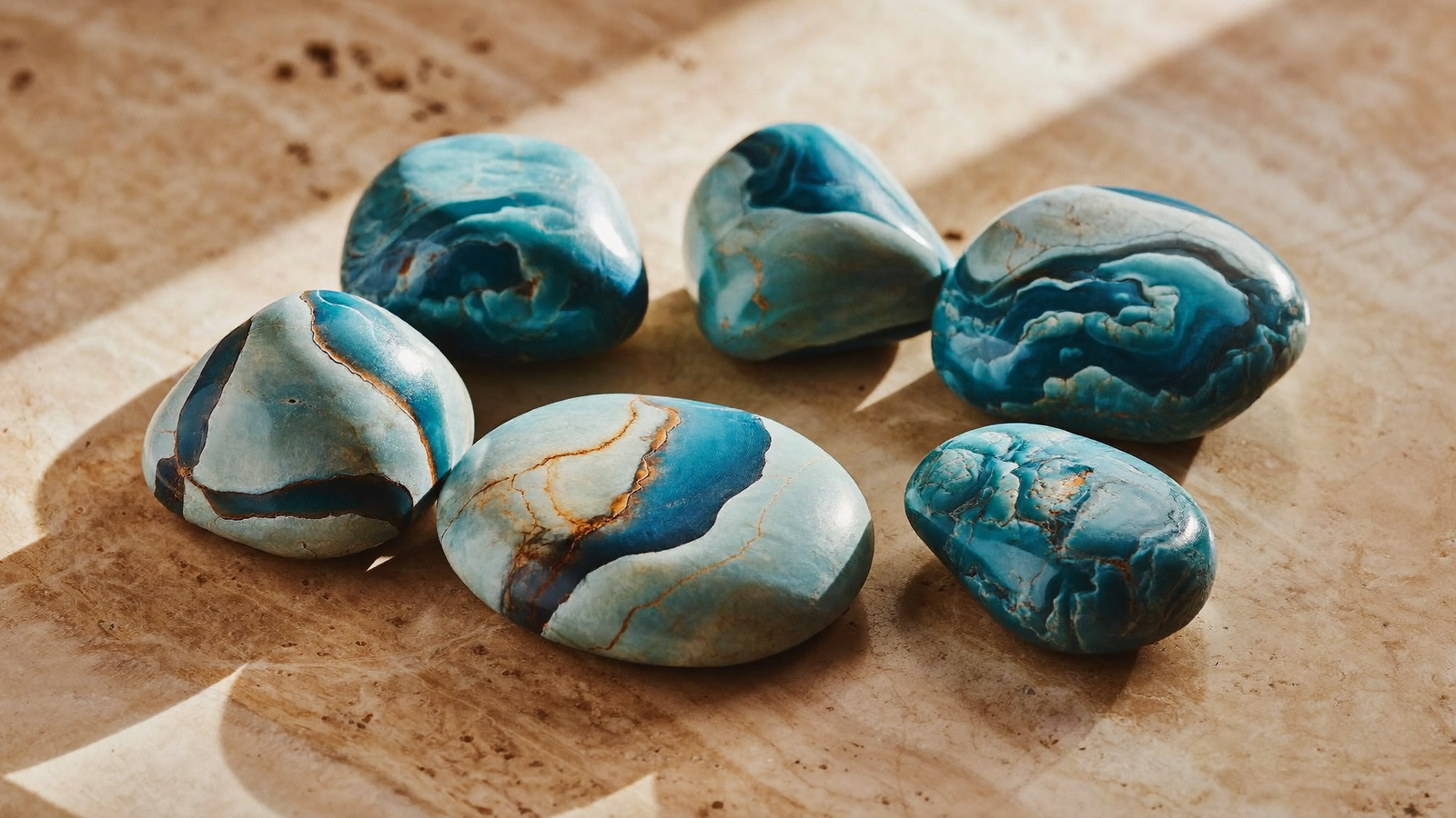 Pierres de Turquoise polies sur une surface minérale beige