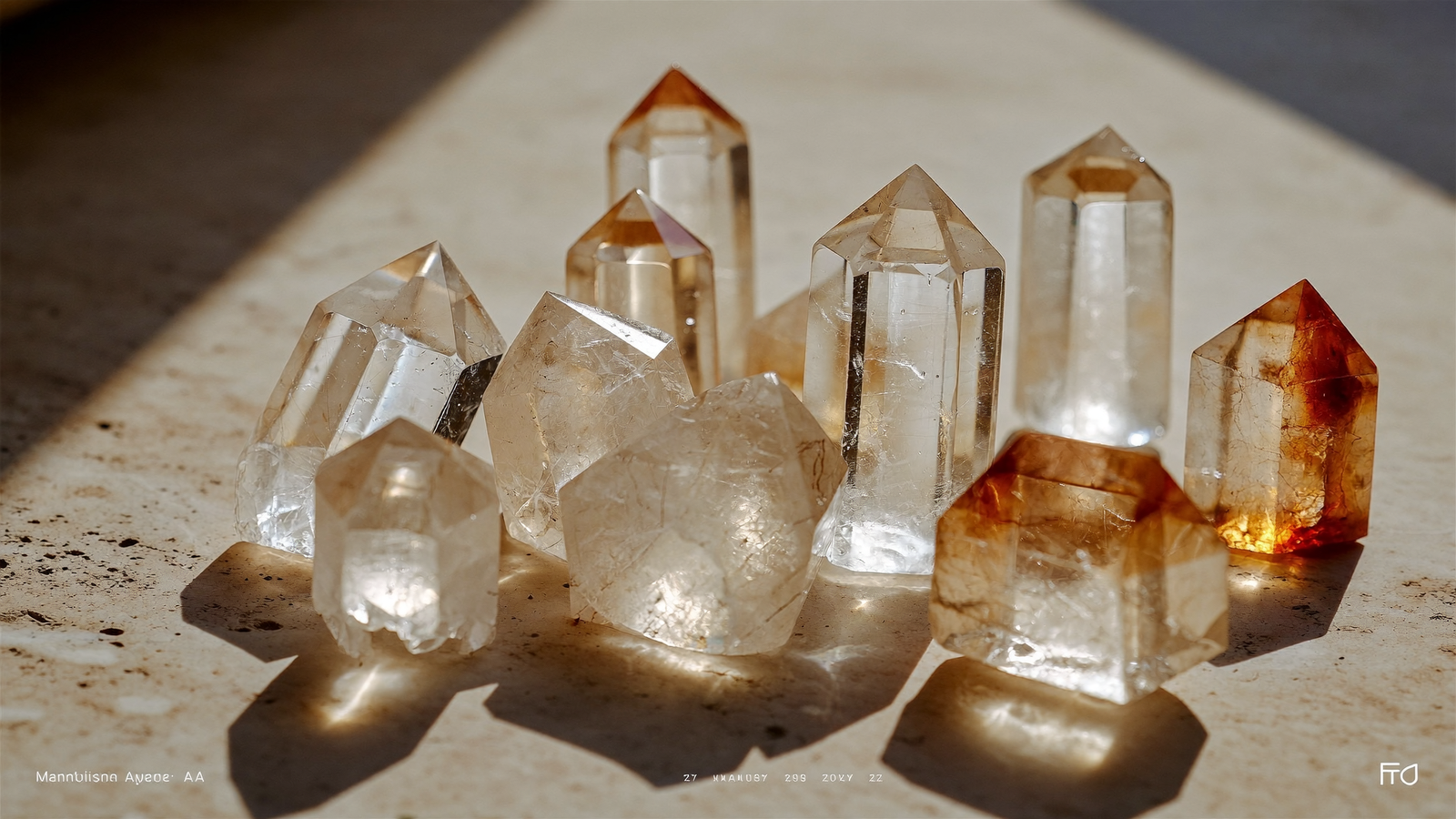 Pointes de Cristal de Roche brutes et polies sur une surface minérale beige