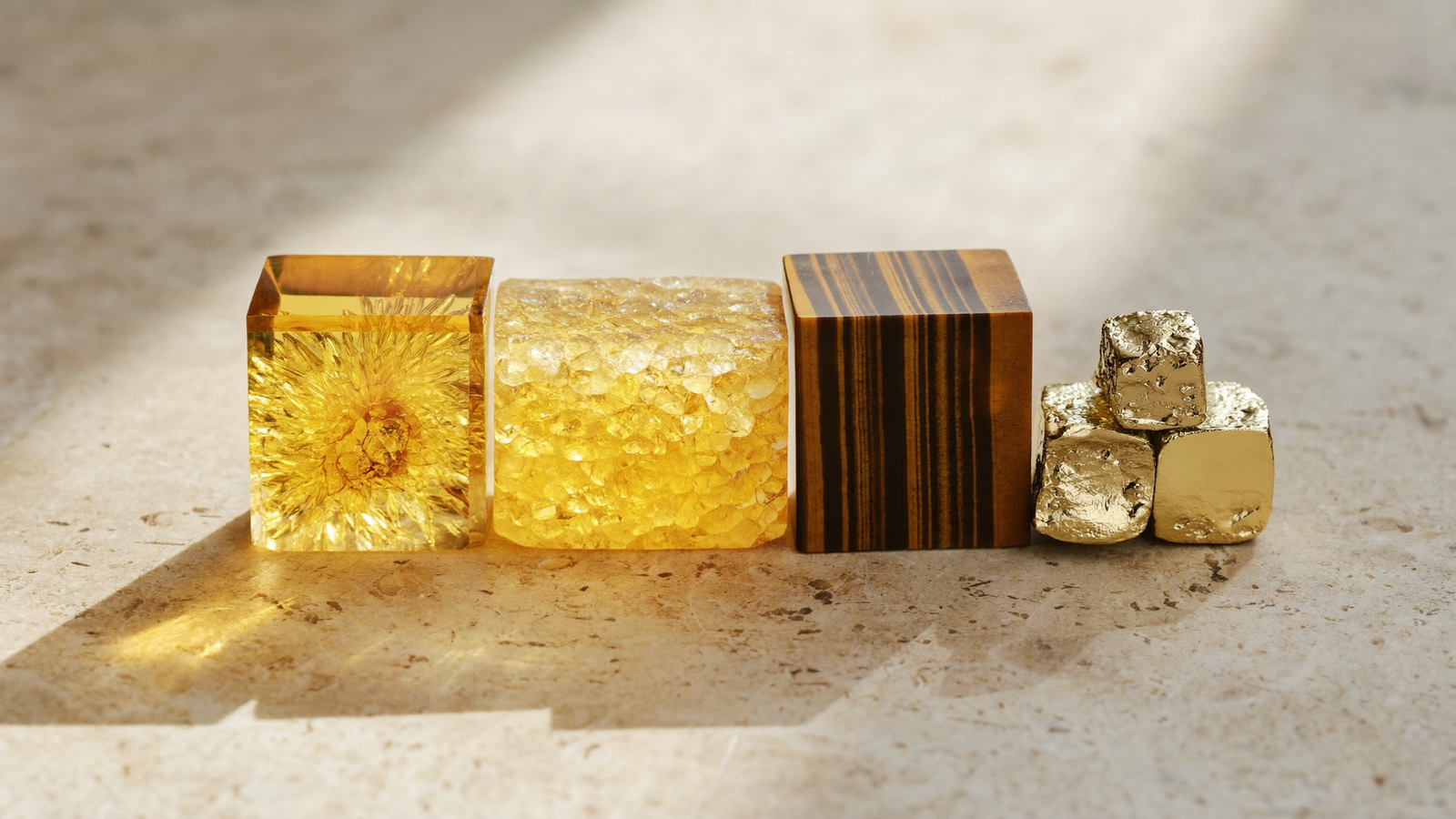 Plusieurs pierres jaunes naturelles : Citrine, Œil de Tigre et Pyrite sur une surface minérale beige