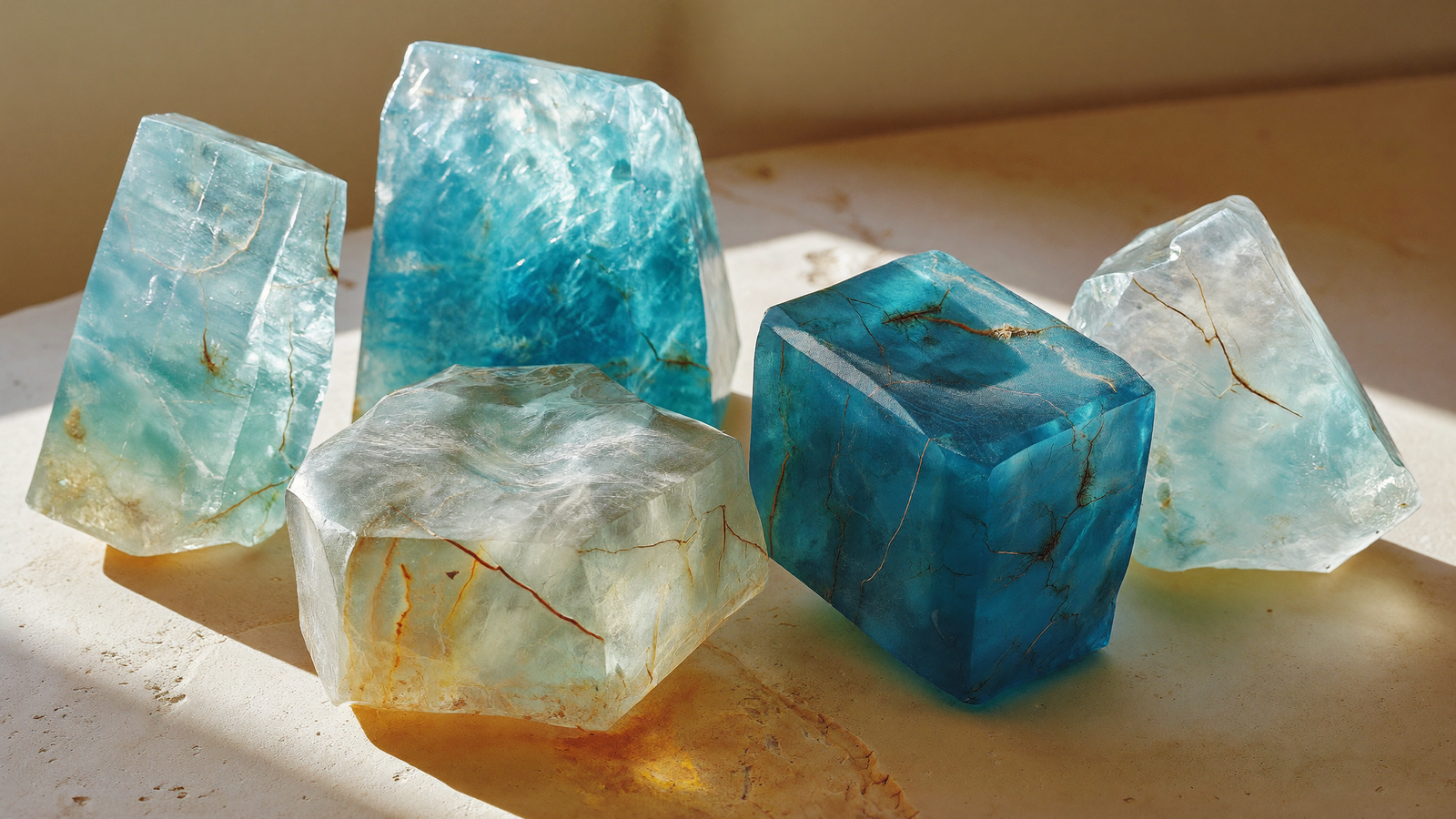 Pierres de Larimar brutes et polies sur une surface minérale beige