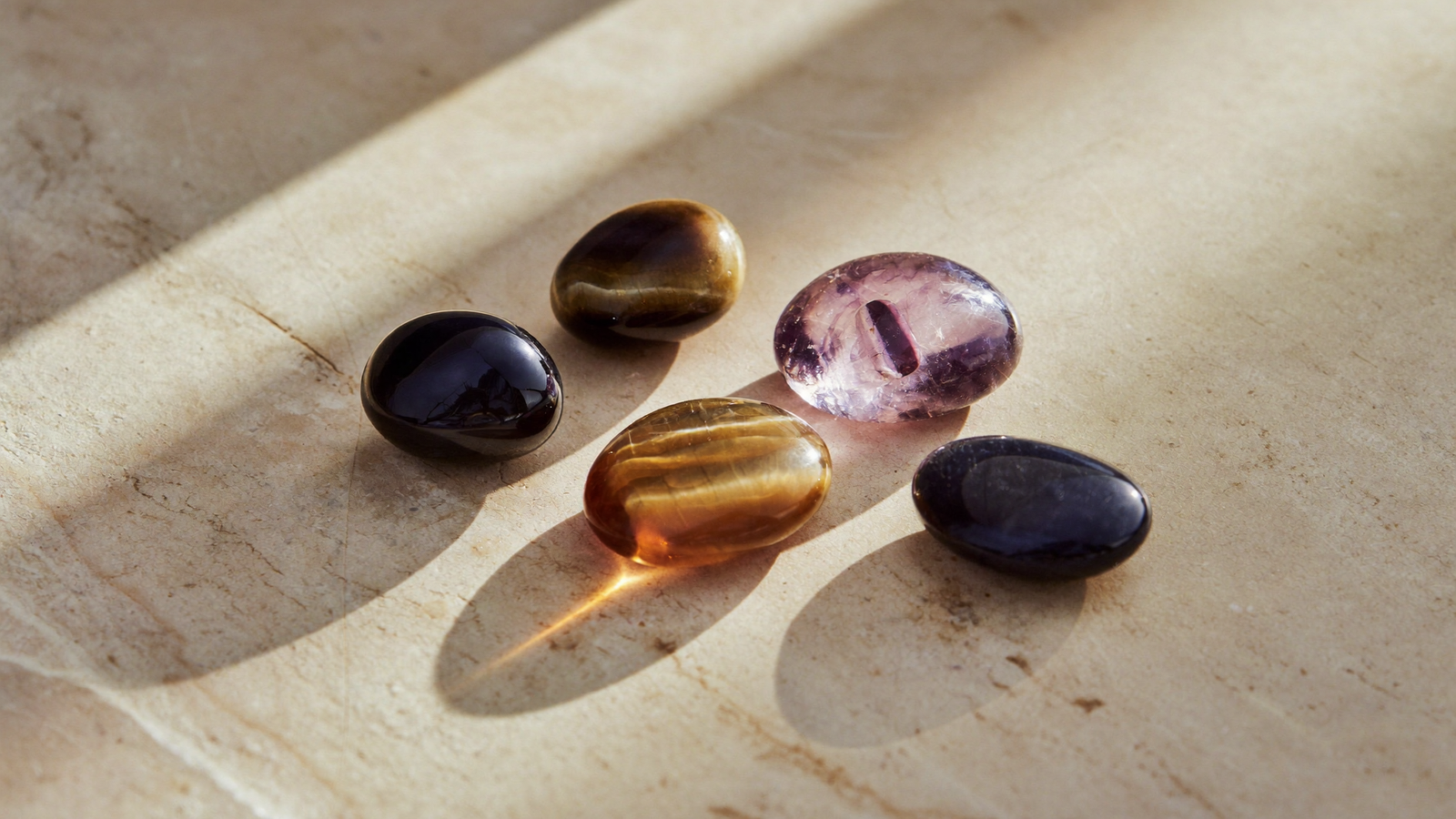 Pierres de protection polies : Œil de Tigre, Améthyste, Tourmaline noire et Hématite