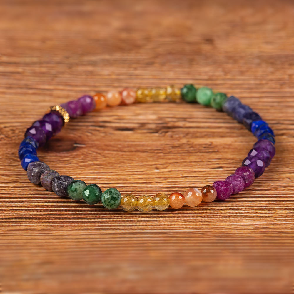 Bracelet 7 Chakras En Pierres Naturelles Facettées - Perles 4 Mm - Pour Femme, Méditation - 13