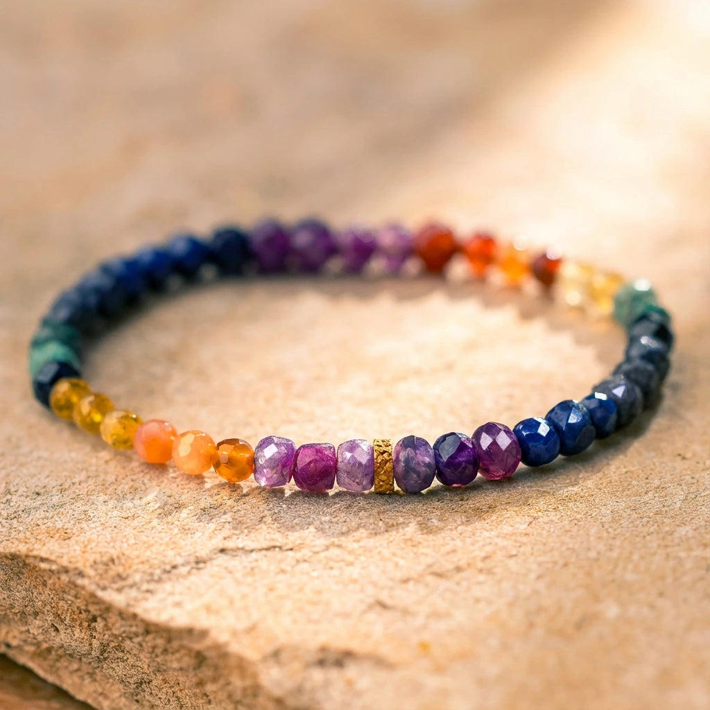 Bracelet 7 Chakras En Pierres Naturelles Facettées - Perles 4 Mm - Pour Femme, Méditation - 8