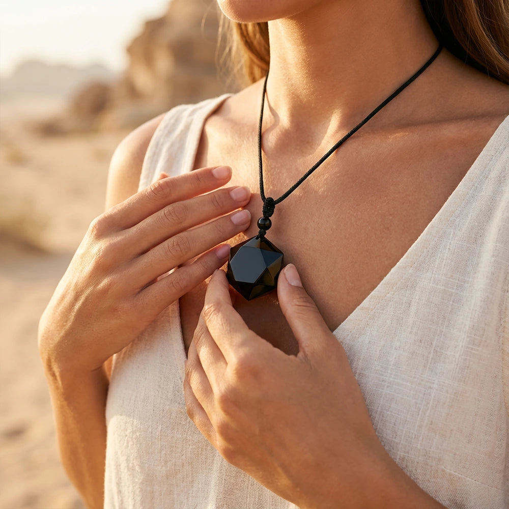 Pendentif Prisme Protecteur en Obsidienne noire porté sur sa corde ajustable