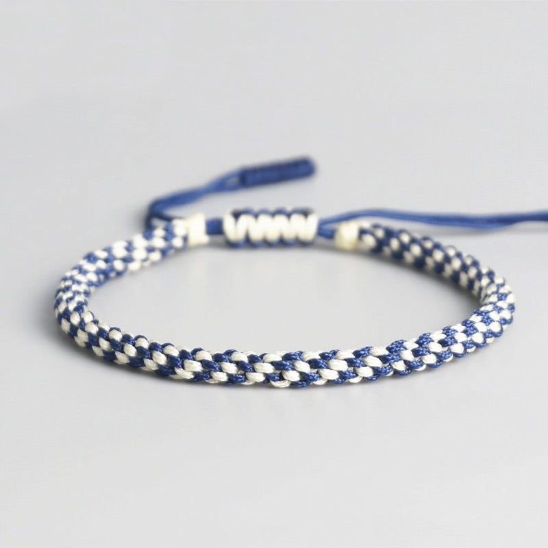 Bracelet Tibétain Tressé Blanc et Bleu