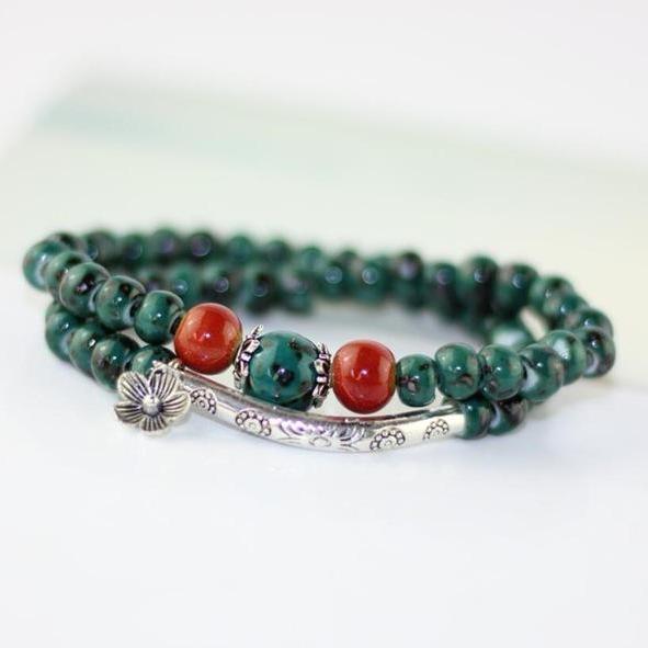 Bracelets en Perles de Céramique et Gravures fleuries - 3 couleurs - Boutique Namaste