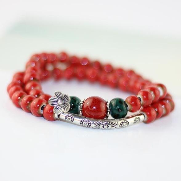 Bracelets en Perles de Céramique et Gravures fleuries - 3 couleurs - Boutique Namaste