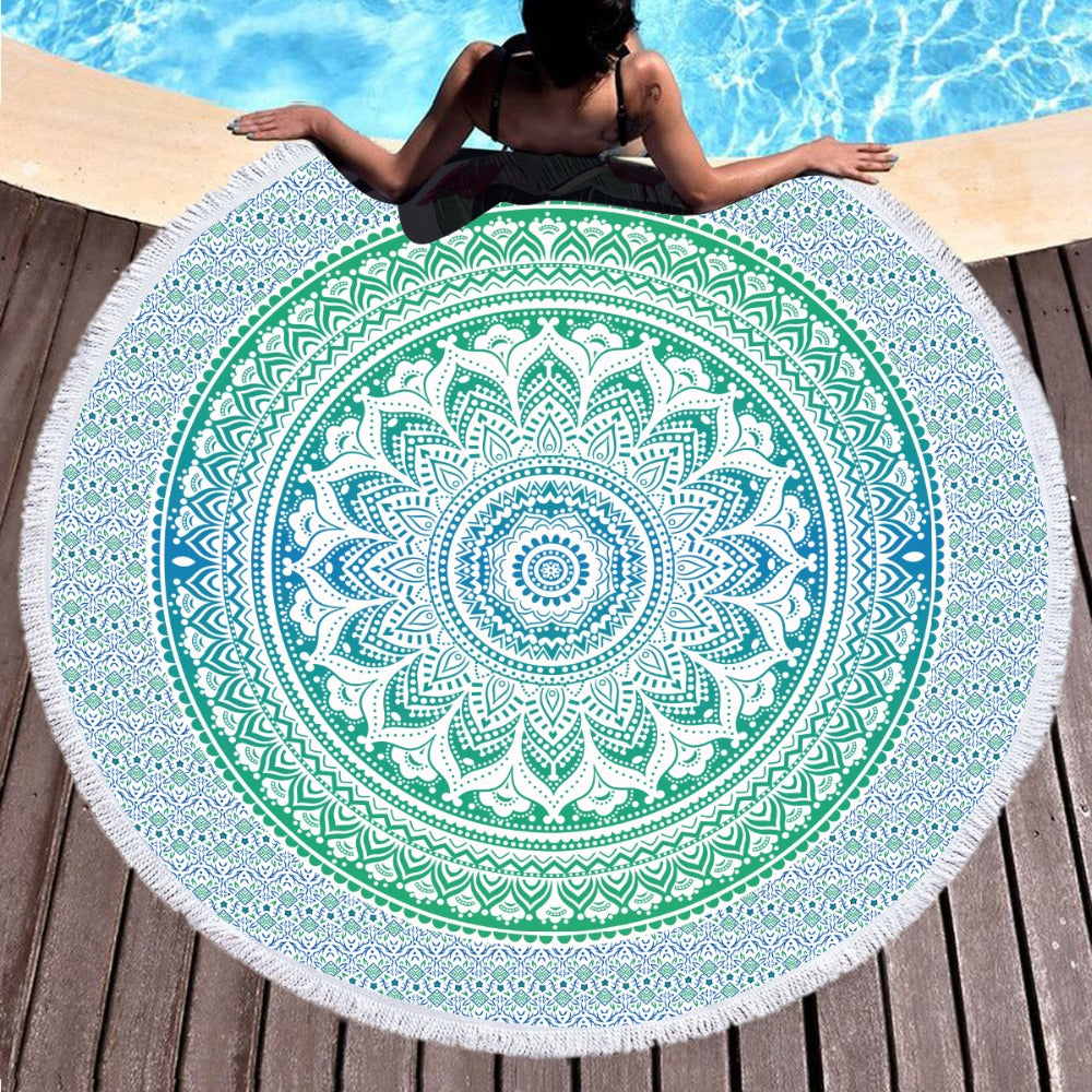 Serviette de plage ronde - Mandala vert et bleu - Boutique Namaste