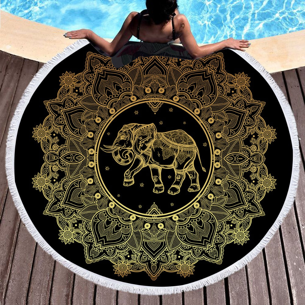 Serviette de plage ronde - Mandala & éléphant dorés - Boutique Namaste